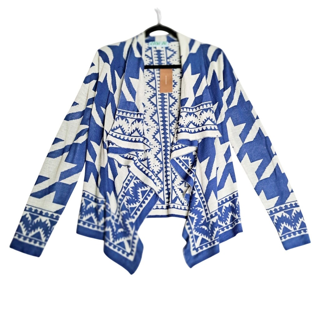 NWT Francesca's Cardigan Women S Open Front Blue White Aztec Knit Boho Sweater‎